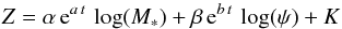Mathematical equation: \begin{equation} Z = \alpha\, {\rm e}^{a\,t}\,\log (M_\ast)+\beta\, {\rm e}^{b\,t}\, \log(\psi) + K \label{eq1} \end{equation}