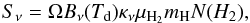 Mathematical equation: \begin{equation} S_{\nu} = \Omega B_{\nu}(T_{\rm d}) \kappa_{\nu} \mu_{\rm H_2} m_{\rm H}N(H_{2}), \label{eq1} \end{equation}