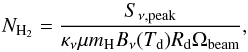 Mathematical equation: \begin{equation} N_\mathrm{H_{2}} = \frac{S_{\nu\mathrm{,peak}}}{\kappa_\nu \mu m_\mathrm{H} B_\nu(T_\mathrm{d}) R_\mathrm{d} \Omega_\mathrm{beam}}, \label{ecol} \end{equation}