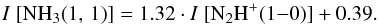 Mathematical equation: \begin{equation} I~[{\rm NH_3} (1,\,1)] = 1.32\cdot I~[{\rm N_2H^{+}} (1{-}0)] + 0.39. \label{eq:N2Hp_NH3} \end{equation}