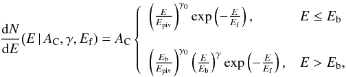 Mathematical equation: \begin{equation} \frac{{\rm d}N}{{\rm d}E}\big(E\,|\,A_{\rm C},\gamma,E_{\rm f}) = A_{\rm C} \left\{ \begin{array}{l l} \left(\frac{E}{E_{\rm piv}}\right)^{\gamma_0}\exp\left(-\frac{E}{E_{\rm f}}\right), & E \le E_{\rm b} \\ \\ \left(\frac{E_{\rm b}}{E_{\rm piv}}\right)^{\gamma_0}\left(\frac{E}{E_{\rm b}}\right)^\gamma \exp\left(-\frac{E}{E_{\rm f}}\right), & E > E_{\rm b}, \end{array} \right. \label{eq:cutbpl} \end{equation}