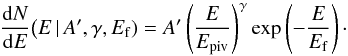 Mathematical equation: \begin{equation} \frac{{\rm d}N}{{\rm d}E}\big(E\,|\,A',\gamma,E_{\rm f}) = A' \left(\frac{E}{E_{\rm piv}}\right)^\gamma \exp\left(-\frac{E}{E_{\rm f}}\right) \cdot \label{eq:cutpl} \end{equation}