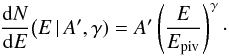 Mathematical equation: \begin{equation} \frac{{\rm d}N}{{\rm d}E}\big(E\,|\,A',\gamma) = A' \left(\frac{E}{E_{\rm piv}}\right)^\gamma \cdot \label{eq:pl} \end{equation}