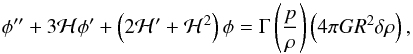 Mathematical equation: \begin{equation} \phi^{\prime \prime} + 3 {\cal H} \phi^{\prime} + \left ( 2 {\cal H}^{\prime} + {\cal H}^2 \right ) \phi = \Gm \left ( \frac{p}{\rh} \right ) \left ( 4 \pi G R^2 \dl \rh \right ), \end{equation}