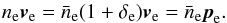 Mathematical equation: \begin{equation} n_{\rm e} \vv_{\rm e} = \bar{n}_{\rm e} (1+\delta_{\rm e}) \vv_{\rm e} = \bar{n}_{\rm e} \vp_{\rm e} . \label{pe-def} \end{equation}