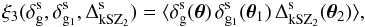 Mathematical equation: \begin{equation} \xi_3(\delta^{\rm s}_{\rm g},\delta^{\rm s}_{{\rm g}_1},\Delta^{\rm s}_{\rm kSZ_2}) = \langle \delta^{\rm s}_{\rm g}(\vec\theta) \, \delta^{\rm s}_{{\rm g}_1}(\vec\theta_1) \, \Delta^{\rm s}_{\rm kSZ_2}(\vec\theta_2) \rangle , \label{correlation-delta-line-kSZ} \end{equation}
