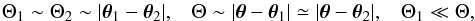 Mathematical equation: \begin{equation} \Theta_1 \sim \Theta_2 \sim | \vec\theta_1 - \vec\theta_2 | , \;\;\; \Theta \sim | \vec\theta - \vec\theta_1 | \simeq | \vec\theta - \vec\theta_2 | ,\;\;\; \Theta_1 \ll \Theta, \label{angles-hierarchy} \end{equation}