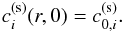 Mathematical equation: \begin{equation} c^\mathrm{(s)}_i(r,0)=c^\mathrm{(s)}_{0,i}. \end{equation}