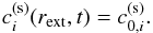 Mathematical equation: \begin{equation} c^\mathrm{(s)}_i(r_\mathrm{ext},t)=c^\mathrm{(s)}_{0,i}. \end{equation}
