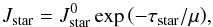 Mathematical equation: \appendix \setcounter{section}{1} \begin{equation} J_{\text{star}} = J^{0}_{\text{star}} \exp{\left( -\tau_{\text{star}}/\mu \right)}, \label{UV-RT} \end{equation}