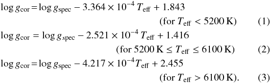 Mathematical equation: \begin{eqnarray} \label{logg_cor} &&\log g_{\rm cor} \!=\! \log g_{\rm spec} - 3.364 \times10^{-4} \, T_{\mathrm{eff}} + 1.843~~~~\nonumber\\&&\hspace*{5.5cm} ({\rm for}\ T_{\mathrm{eff}}<5200\,{\rm K}) \\ &&\log g_{\rm cor} = \log g_{s\rm pec} - 2.521 \times10^{-4} \, T_{\mathrm{eff}} + 1.416~~~ \nonumber\\ &&\hspace*{4cm} ({\rm for}\ 5200\,{\rm K} \leq T_{\mathrm{eff}} \leq 6100\,{\rm K}) \\ &&\log g_{\rm cor} \!=\! \log g_{\rm spec} - 4.217 \times10^{-4} T_{\mathrm{eff}} + 2.455~~~~\nonumber\\ &&\hspace*{5.5cm} ({\rm for}\ T_{\mathrm{eff}} > 6100\,{\rm K}). \end{eqnarray}