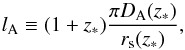 Mathematical equation: \begin{equation} l_{\rm A}\equiv(1+z_*)\frac{\pi D_{\rm A}(z_*)}{r_{\rm s}(z_*)} , \end{equation}
