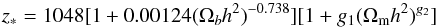 Mathematical equation: \begin{equation} z_*=1048[1+0.00124(\Omega_{b}h^2)^{-0.738}][1+g_1(\Omega_{\rm m}h^2)^{g_2}] \end{equation}