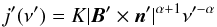 Mathematical equation: \appendix \setcounter{section}{1} \begin{equation} j' (\nu') = K | \vec{B}' \times \vec{n}' |^{\alpha+1} \nu'^{-\alpha} \end{equation}