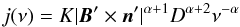 Mathematical equation: \appendix \setcounter{section}{1} \begin{equation} j(\nu) = K | \vec{B}' \times \vec{n}' |^{\alpha+1} D^{\alpha + 2} \nu^{-\alpha} \end{equation}