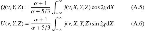 Mathematical equation: \appendix \setcounter{section}{1} \begin{eqnarray} && Q(\nu,Y,Z) =\frac{\alpha + 1}{\alpha + 5/3} \int^{\infty}_{-\infty} j(\nu, X, Y, Z) \cos 2 \chi {\rm d}X \\ && U(\nu,Y,Z) = \frac{\alpha + 1}{\alpha + 5/3} \int^{\infty}_{-\infty} j(\nu, X, Y, Z) \sin 2 \chi {\rm d}X \end{eqnarray}
