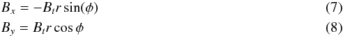 Mathematical equation: \begin{eqnarray} && B_x = -B_t r \sin(\phi) \\ && B_y = B_t r \cos{\phi} \end{eqnarray}