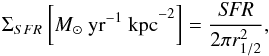 Mathematical equation: \begin{equation} \Sigma_{SFR} \left[M_{\odot}~{\rm yr^{-1}~kpc}^{-2}\right] = \frac{{\it SFR}}{2\pi r_{\mathrm {1/2}}^2}, \end{equation}