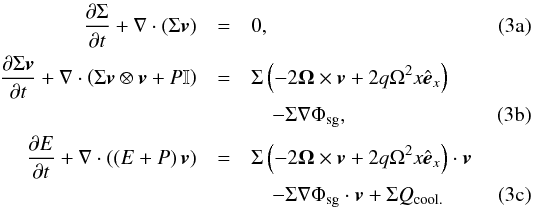 Mathematical equation: % subequation 1048 0 \begin{eqnarray} \frac{\partial \Sigma}{\partial t} + \nabla \cdot \left( \Sigma {\vec v} \right) &=& 0 \label{eq:navier_stokes_a},\\ \frac{\partial \Sigma {\vec v}}{\partial t} + \nabla \cdot \left(\Sigma {\vec v}\otimes {\vec v} + P \mathbb{I} \right) &=& \Sigma \left(-2\mathbf{\Omega} \times {\vec v} + 2 q \Omega^2 x \hat{\vec e}_x \right) \nonumber \\ && \quad - \Sigma \nabla \Phi_{\mathrm{sg}} \label{eq:navier_stokes_b},\\ \frac{\partial E}{\partial t} + \nabla \cdot \left( \left(E + P \right) {\vec v} \right) &=& \Sigma \left(-2 \mathbf{\Omega} \times {\vec v} + 2 q \Omega^2 x \hat{\vec e}_x \right) \cdot {\vec v} \nonumber \\ &&\quad -\Sigma \nabla \Phi_{\mathrm{sg}} \cdot {\vec v}+\Sigma Q_{\mathrm{cool.}} \label{eq:navier_stokes_c} \end{eqnarray}