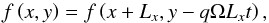Mathematical equation: \begin{equation} \label{eq:boundaries} f \left(x,y \right) = f\left(x + L_x, y-q\Omega L_x t \right), \end{equation}