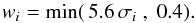Mathematical equation: \begin{equation} w_i = \min(\, 5.6\,\sigma_i \;,\; 0.4). \label{Eq:eclipseWidth} \end{equation}