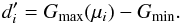 Mathematical equation: \begin{equation} d'_i = G_\mathrm{max}(\mu_i) - G_\mathrm{min} . \label{Eq:eclipseDepth} \end{equation}