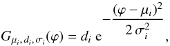 Mathematical equation: \begin{equation} G_{\mu_i,\,d_i,\,\sigma_i}(\varphi) = d_i \; {\rm e}^{\displaystyle - \frac{(\varphi- {\mu_i})^2}{2\,\sigma_i^2} }, \label{Eq:Gaussian} \end{equation}