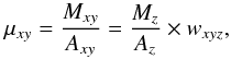 Mathematical equation: \begin{equation} \mu_{xy}=\frac{M_{xy}}{A_{xy}}=\frac{M_{z}}{A_{z}} \times w_{xyz} , \end{equation}