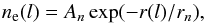 Mathematical equation: \begin{equation} n_{\rm e}(l) = A_n\exp(-r(l)/r_n), \label{eqn:exp_dens} \end{equation}