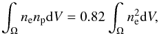 Mathematical equation: \appendix \setcounter{section}{1} \begin{equation} \int_\Omega n_{\rm e} n_{\rm p} {\rm d}V = 0.82 \int_\Omega n^2_{\rm e} {\rm d}V , \end{equation}
