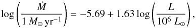Mathematical equation: \begin{equation} \label{dmdtsb} \log\zav{\frac{\dot M}{1\, \msr }}= - 5.69 + 1.63 \log\zav{\frac{L}{10^6~L_\odot}}, \end{equation}