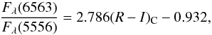 Mathematical equation: \begin{equation} \frac{F_{\lambda}(6563)}{F_{\lambda}(5556)} = 2.786 (R-I)_{\rm C} - 0.932, \end{equation}