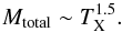 Mathematical equation: \begin{equation} M_\mathrm{total} \sim T_\mathrm{X}^{1.5}. \end{equation}