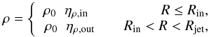 Mathematical equation: \begin{equation} \rho=\left\{\hspace*{-1.5mm} \begin{array}{ccr} \rho_{ \rm 0}\;\; \eta_{\rho,\rm in }& & R \le R_{\rm in} ,\\ \;\;\rho_{\rm 0}\;\; \eta_{\rho, \rm out}& & R_{\rm in}<R<R_{\rm jet} , \end{array} \right. \label{Eq:rhoJet} \end{equation}