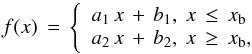 Mathematical equation: \begin{equation} \label{Eq:fit_fx} f(x)\,=\, \left \{ \begin{array}{l} a_{1}\, x\, +\, b_{1}, ~x \, \leq \, x_{\rm b}\\ a_{2}\, x\, +\, b_{2}, ~x \, \geq \, x_{\rm b} , \end{array} \right . \end{equation}