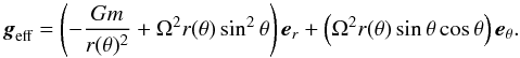 Mathematical equation: \begin{equation} \boldsymbol{g}_{\text{eff}}=\left(-\frac{Gm}{r(\theta)^{2}}+\Omega^{2}r(\theta)\sin^{2}\theta\right)\boldsymbol{e}_{r}+\left(\Omega^{2}r(\theta)\sin\theta\cos\theta\right)\boldsymbol{e}_{\theta}.\label{eq:geff} \end{equation}