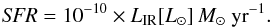 Mathematical equation: \begin{equation} \label{eq:sfr} \textit{SFR}=10^{-10}\times L_{\rm IR}[{L}_{\sun}]\, {M}_{\sun}~{\rm yr}^{-1}. \end{equation}