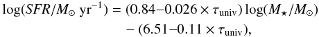 Mathematical equation: \begin{eqnarray} \label{eqn:ms} \begin{aligned} \log(\textit{SFR}/{M}_{\sun}~{\rm yr}^{-1}) &=(0.84{-}0.026\times \tau_{\rm univ})\log(M_{\star}/{M}_{\sun})\\ & \quad -(6.51{-}0.11\times \tau_{\rm univ}), \end{aligned} \end{eqnarray}