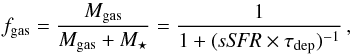 Mathematical equation: \begin{equation} f_{\rm gas}=\frac{M_{\rm gas}}{M_{\rm gas}+M_{\star}}=\frac{1}{1+(\textit{sSFR}\times \tau_{\rm dep})^{-1}}\,, \label{eq:gasfraction} \end{equation}