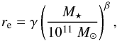 Mathematical equation: \begin{equation} \label{eqn:krogager} r_{\rm e}=\gamma \left(\frac{M_{\star}}{10^{11}~{M}_{\sun}}\right)^{\beta} , \end{equation}