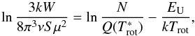 Mathematical equation: \begin{equation} \label{E2} \ln{\frac{3kW}{8\pi^3\nu S\mu^2}} = \ln{\frac{N}{Q(T^{*}_{\rm rot})}}-\frac{E_{\rm U}}{k T_{\rm rot}}, \end{equation}