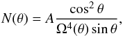 Mathematical equation: \begin{eqnarray} N(\theta) = A \frac{\cos^2\theta}{\Omega^4(\theta)\sin\theta}, \label{new_eq7} \end{eqnarray}