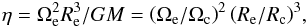 Mathematical equation: \begin{eqnarray} \eta = \Omega^2_{\rm e}R^3_{\rm e}/GM = \left(\Omega_{\rm e}/\Omega_{\rm c}\right)^2 \left(R_{\rm e}/R_{\rm c}\right)^3\!, \label{eta} \end{eqnarray}