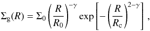 Mathematical equation: \begin{equation} \label{eq:surface.density} \Sigma_{\mathrm{g}}(R) = \Sigma_{0}\left(\frac{R}{R_{0}} \right)^{-\gamma} \exp\left[-\left(\frac{R}{R_{\rm c}} \right)^{2-\gamma} \right]\,, \end{equation}