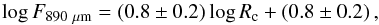 Mathematical equation: \begin{equation} \label{eq:corr.both.samples} \log F_{890~\mu\mathrm{m}} = (0.8\pm 0.2)\log R_{\rm c} + (0.8\pm 0.2)\,, \end{equation}