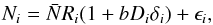 Mathematical equation: \begin{equation} N_i = \bar{N} R_i (1 + b D_i \delta_i) + \epsilon_i, \end{equation}