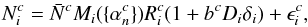 Mathematical equation: \begin{equation} N^c_i = \bar{N}^c M_i(\{\alpha^c_n\}) R^c_i (1 + b^c D_i \delta_i) + \epsilon^c_i, \label{eq:full_data_model} \end{equation}