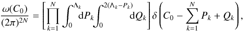 Mathematical equation: \appendix \setcounter{section}{3} \begin{equation} \label{eq:microcanonical_density} \frac{\omega(C_0)}{(2\pi)^{2N}} = \left[\prod_{k=1}^{N} \int_0^{\Lambda_k} \! \! \! {\rm d}P_k\! \! \int_0^{2(\Lambda_k-P_k)} \! \! \! {\rm d}Q_k \right] \delta \left( C_0 - \sum_{k=1}^N P_k + Q_k \right) , \end{equation}