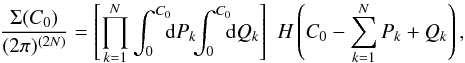 Mathematical equation: \appendix \setcounter{section}{3} \begin{equation} \label{eq:Sigma} \frac{\Sigma(C_0)}{(2\pi)^{(2N)}} = \left[\prod_{k=1}^{N} \int_0^{C_0} \! \! \! {\rm d}P_k\! \! \int_0^{C_0} \! \! \! {\rm d}Q_k \right] \, \, H \left( C_0 - \sum_{k=1}^N P_k + Q_k \right) , \end{equation}
