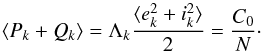Mathematical equation: \appendix \setcounter{section}{3} \begin{equation} \label{eq:AMD_average} \langle P_k + Q_k \rangle = \Lambda_k \frac{\langle e_k^2 + i_k^2 \rangle}{2} = \frac{C_0}{N} \cdot \end{equation}